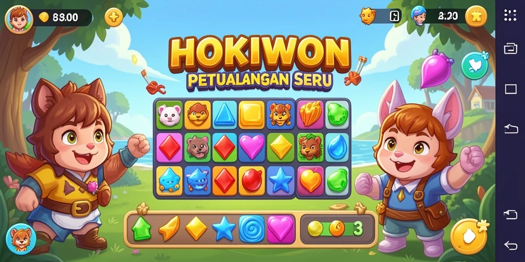 Tampilan gameplay seru dalam HOKIWON, permainan Match-3 yang adiktif.