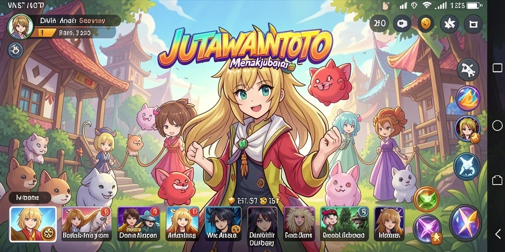 Tampilan gameplay <strong>JUTAWANTOTO</strong> yang penuh warna dan karakter animasi.