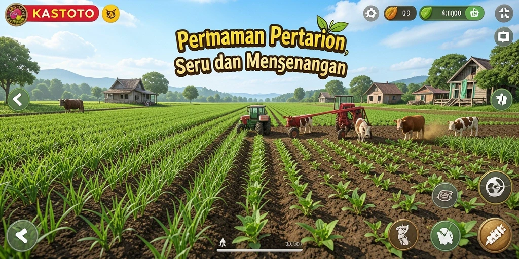 Tampilan permainan KASTOTO menunjukkan ladang yang subur dan hewan yang bahagia.