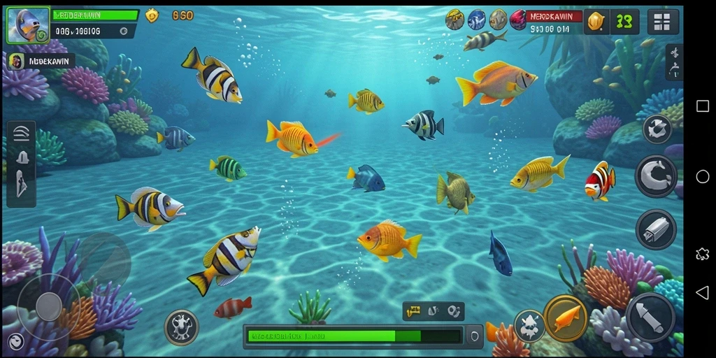 Tampilan gameplay seru dalam MERDEKAWIN saat menembak ikan.