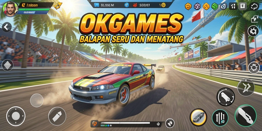 Screenshot menunjukkan aksi balapan mendebarkan di OKGAMES.