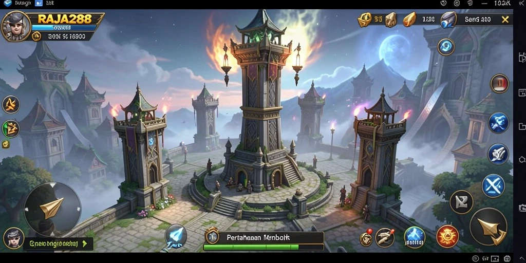 Screenshot gameplay RAJA288 menampilkan menara yang siap melawan gelombang musuh.