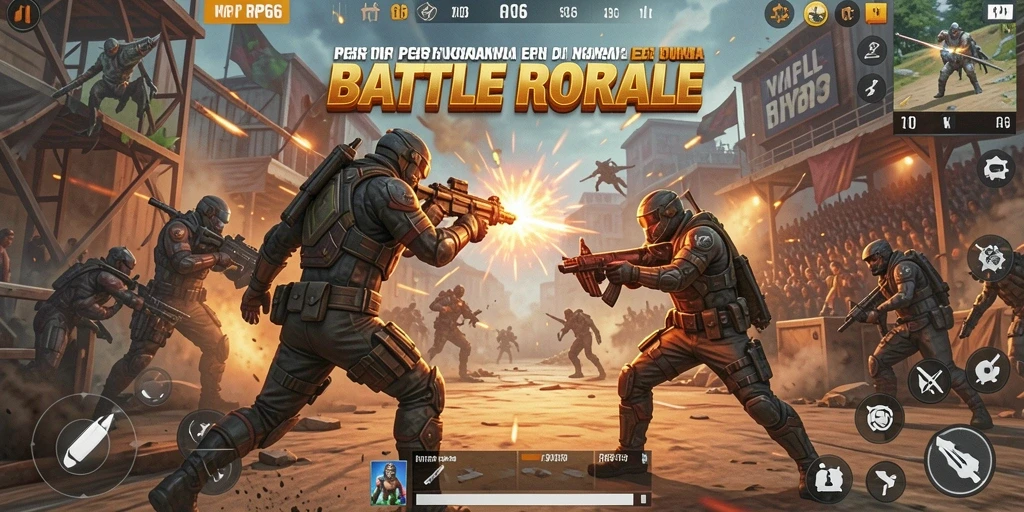 Tangkapan layar RP66 menunjukkan aksi permainan Battle Royale yang intens.